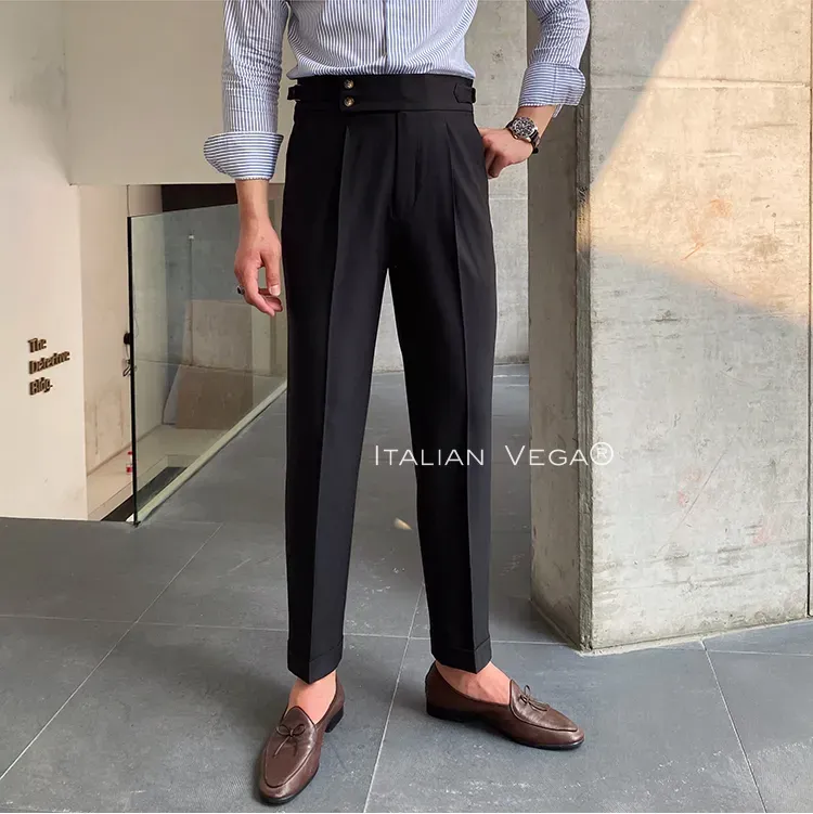 Old Money Powder Blue Shirt with Black Signature Buttoned Gurkha Pant by ITALIAN VEGA®