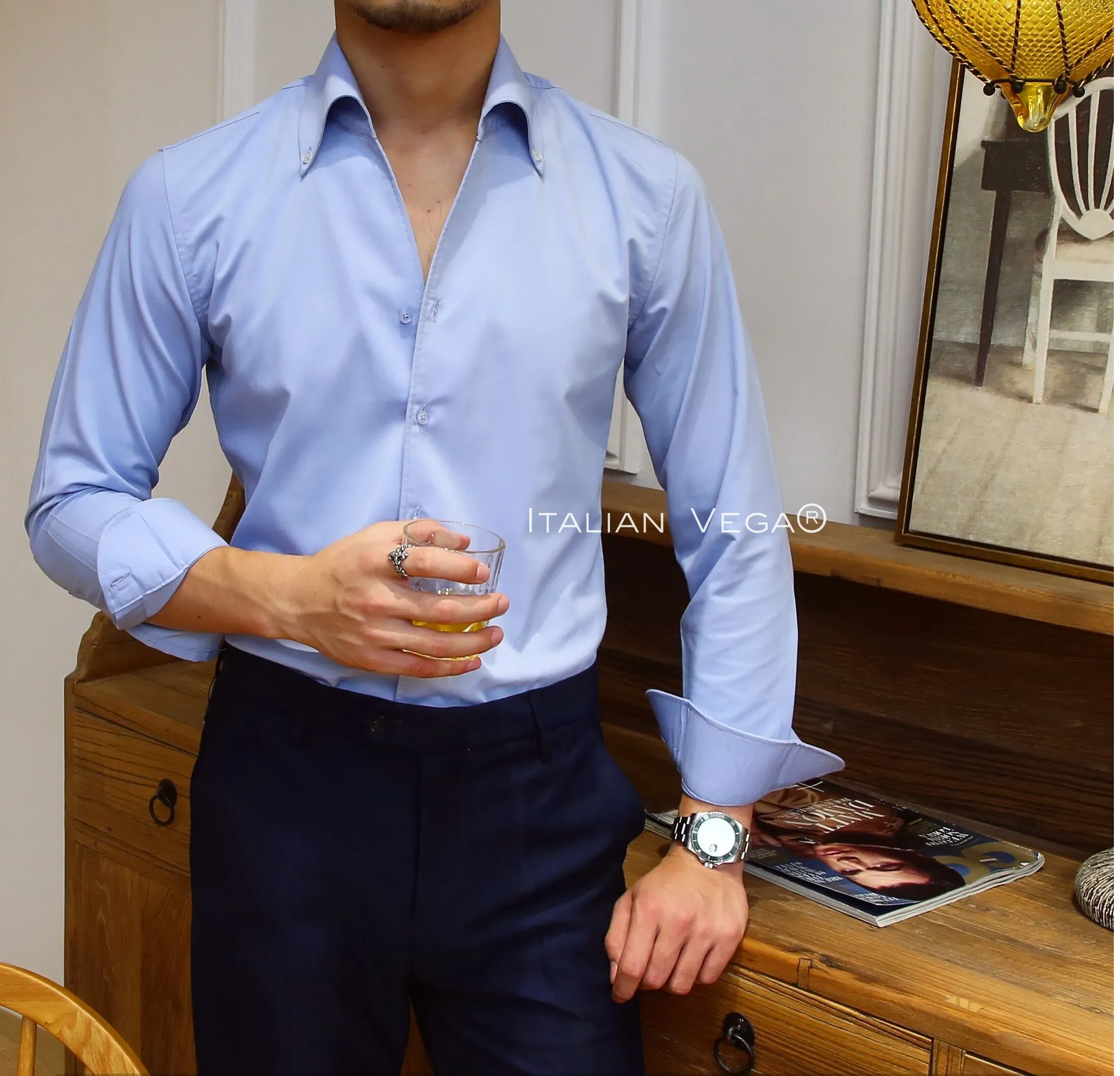 Old Money Powder Blue Shirt with Black Signature Buttoned Gurkha Pant by ITALIAN VEGA®