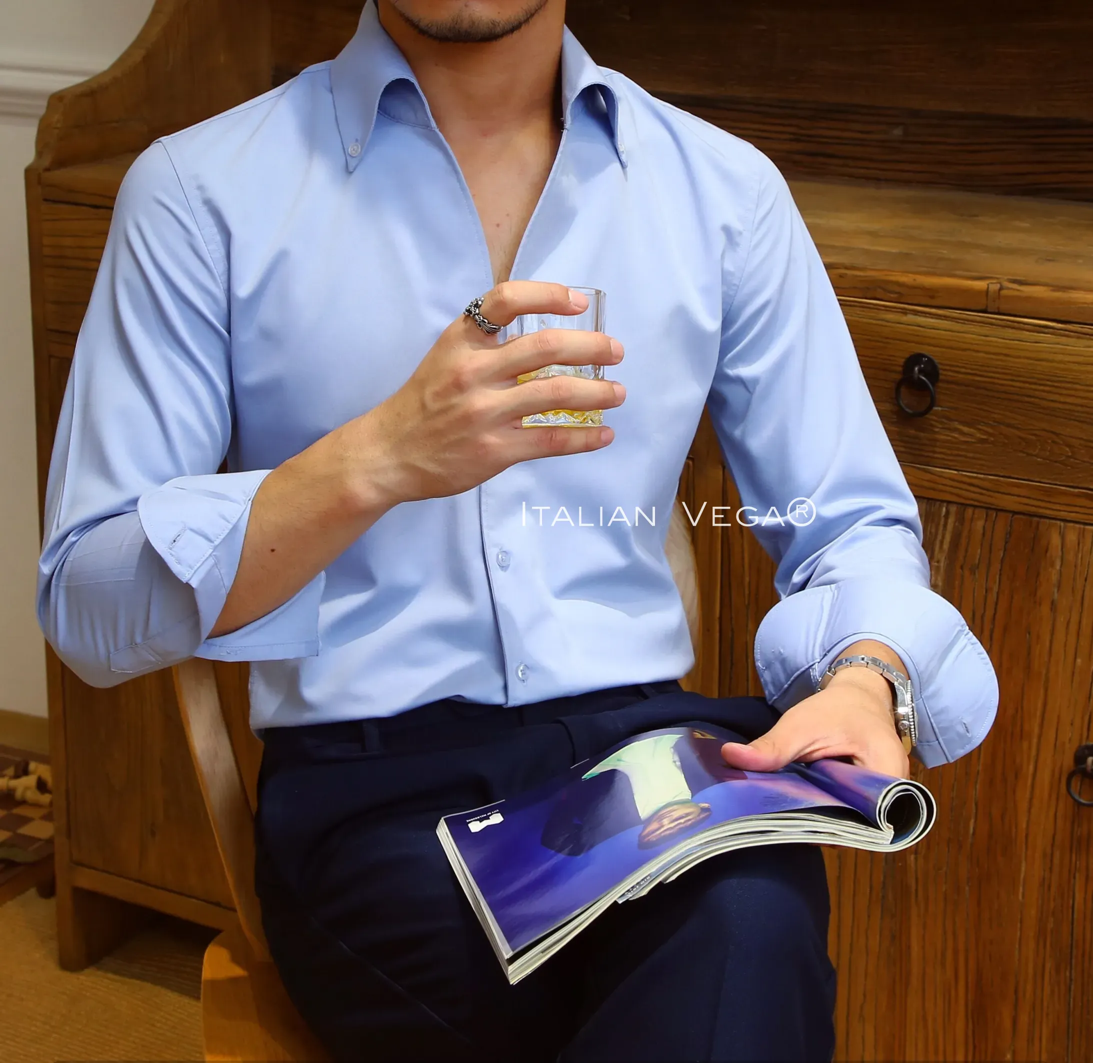 Old Money Powder Blue Shirt with Black Signature Buttoned Gurkha Pant by ITALIAN VEGA®
