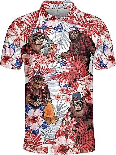 PAGYMO Golf Shirts Featuring Funny Sasquatch and Patriotic American Flag Designs