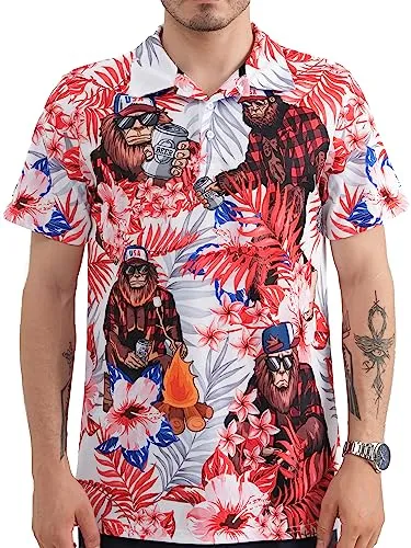 PAGYMO Golf Shirts Featuring Funny Sasquatch and Patriotic American Flag Designs