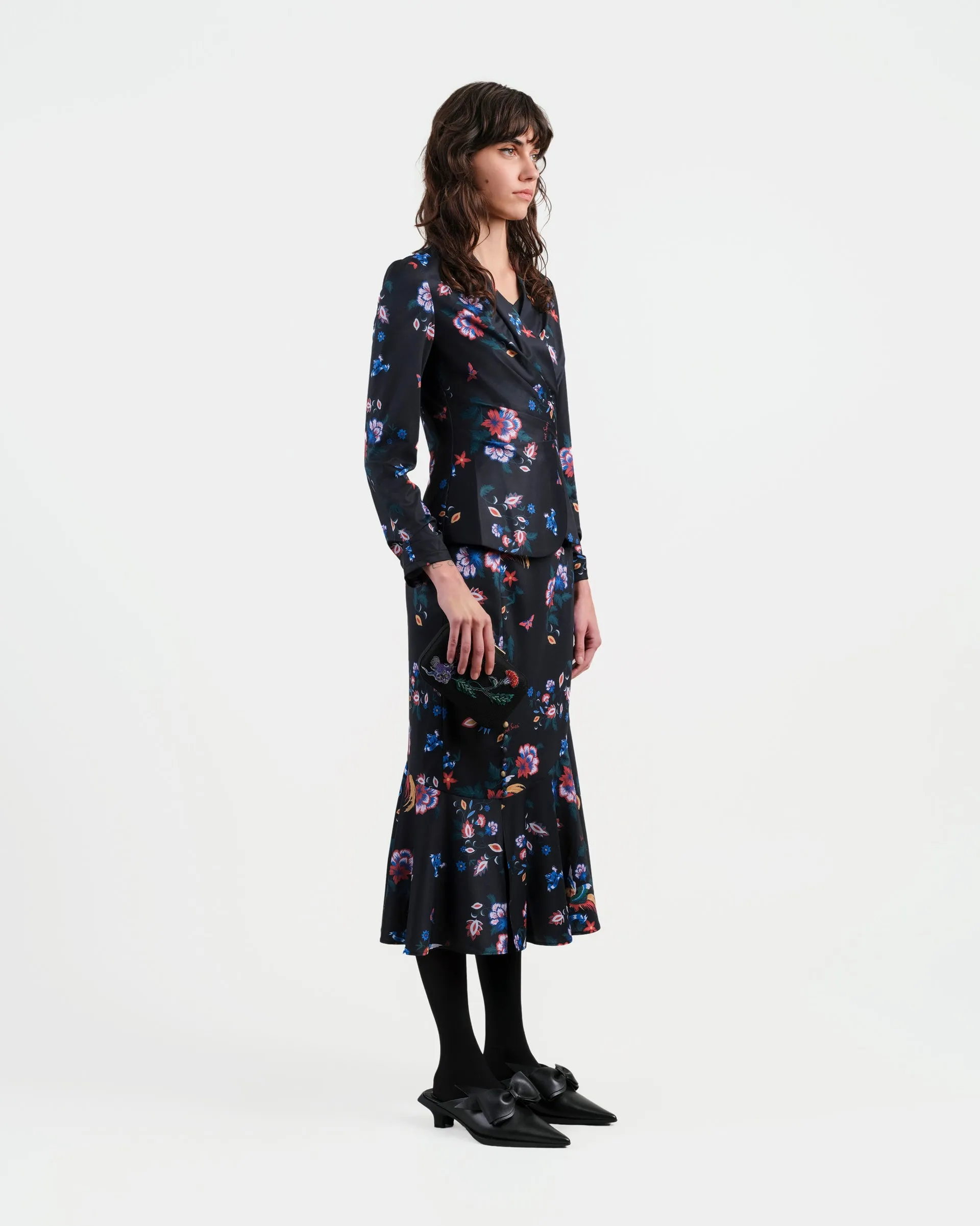 Phoenix Printed Midi Skirt with Flounce Hem