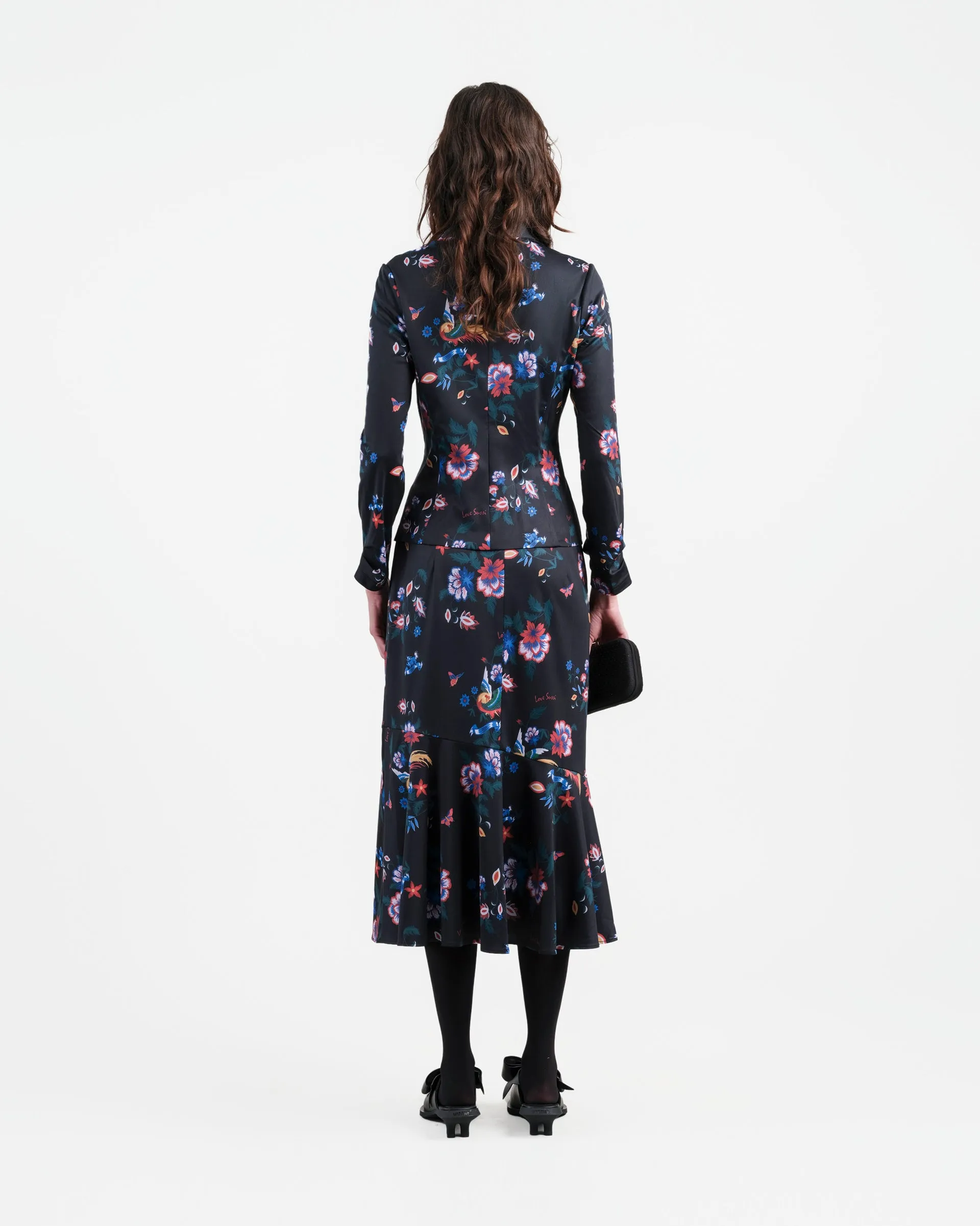Phoenix Printed Midi Skirt with Flounce Hem