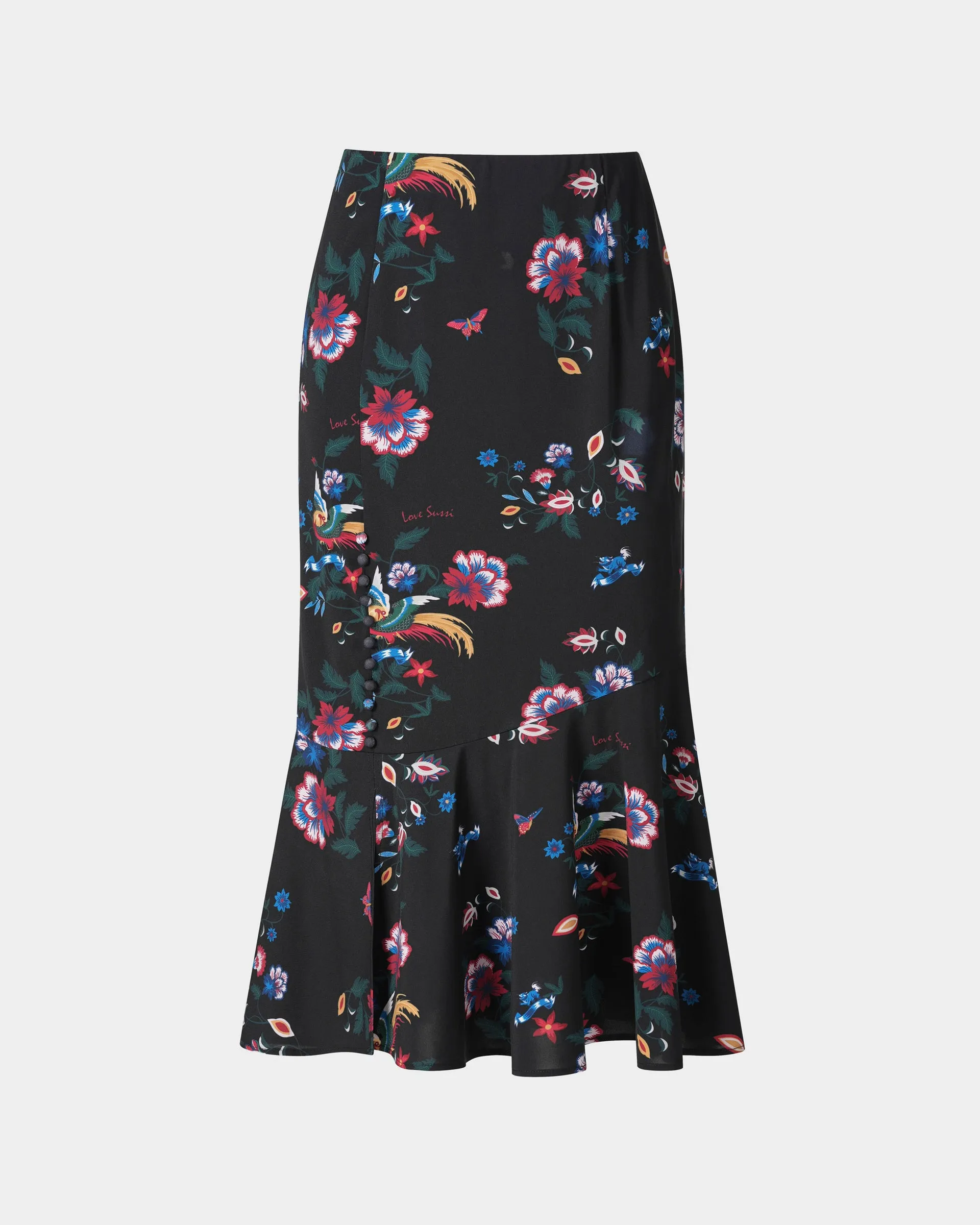Phoenix Printed Midi Skirt with Flounce Hem