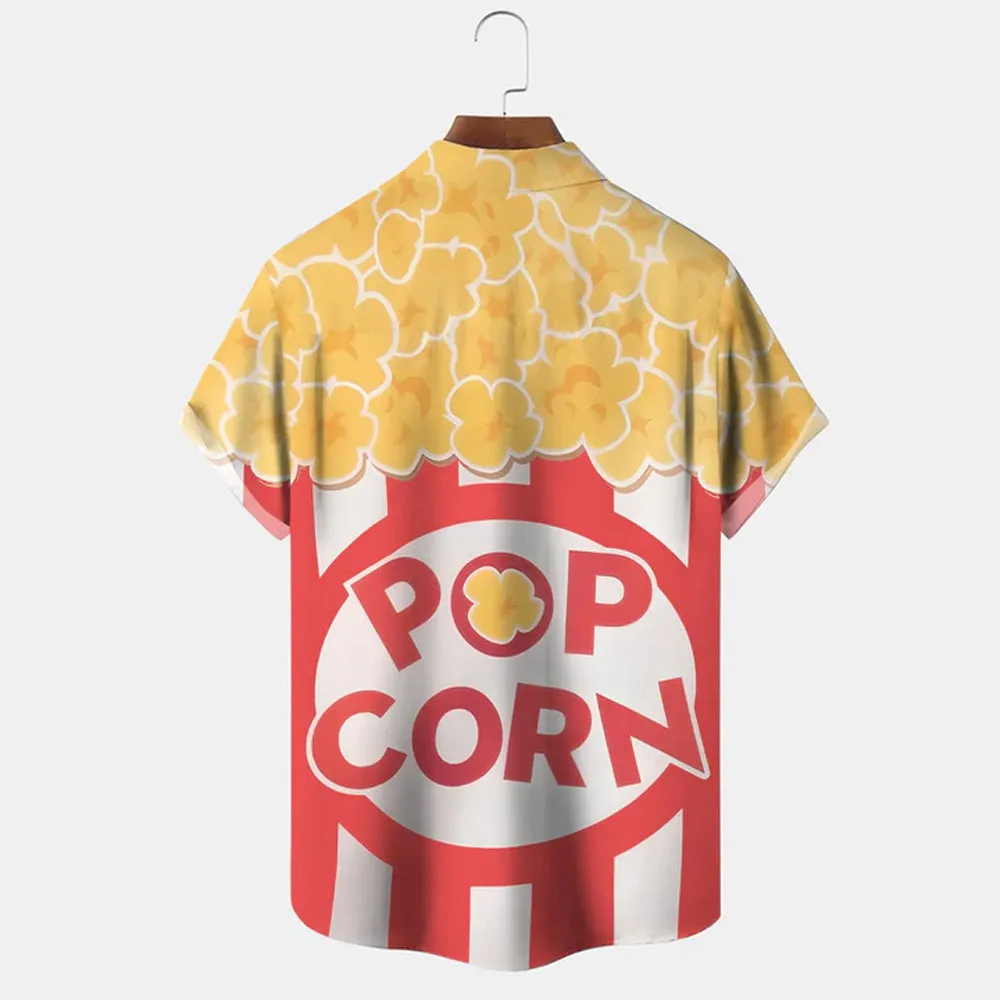 Popcorn Christmas Button Pocket Casual Short Sleeve Shirt