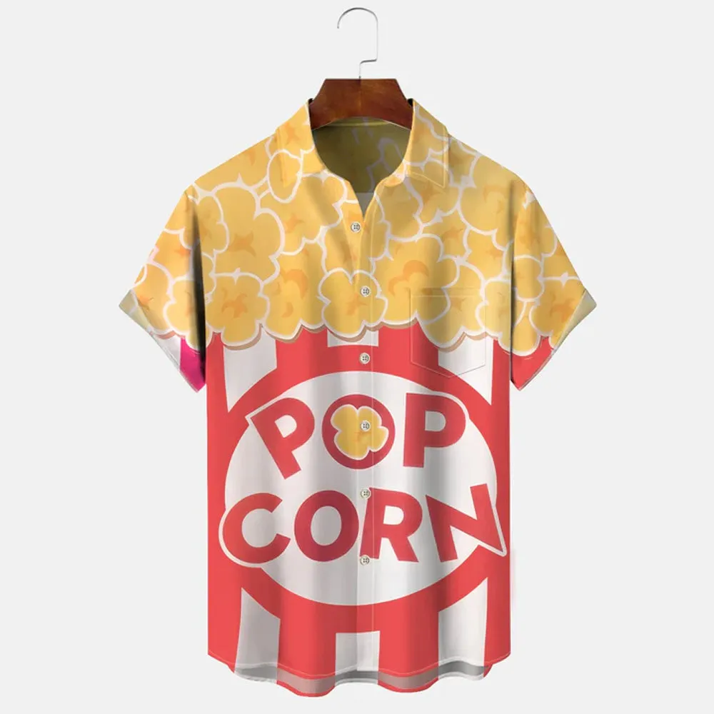 Popcorn Christmas Button Pocket Casual Short Sleeve Shirt