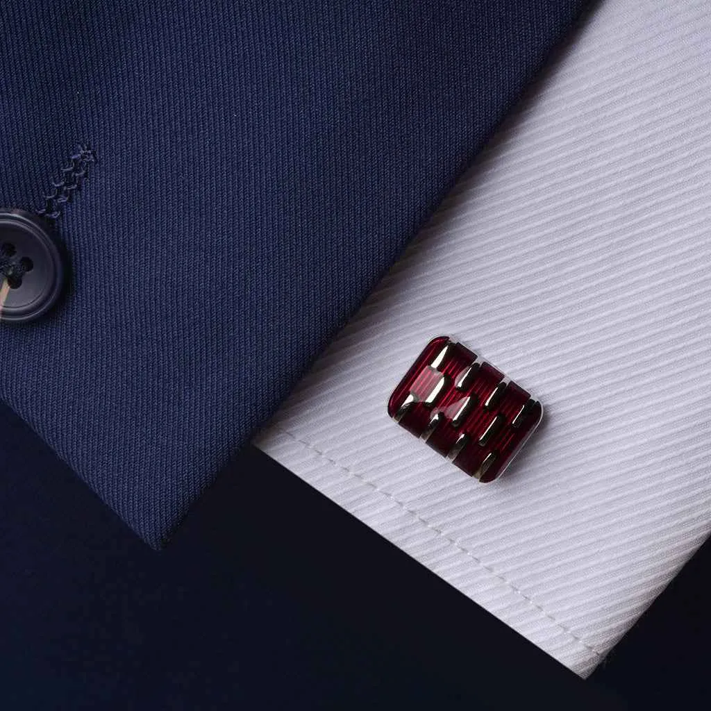 Rectangular Red Resin Cufflinks Silver for Men