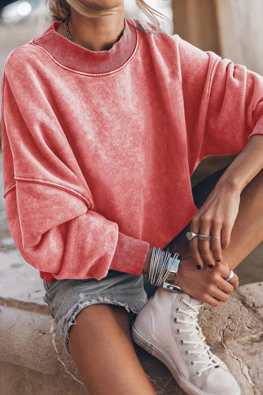 Red Drop Shoulder Crew Neck Pullover Sweatshirt
