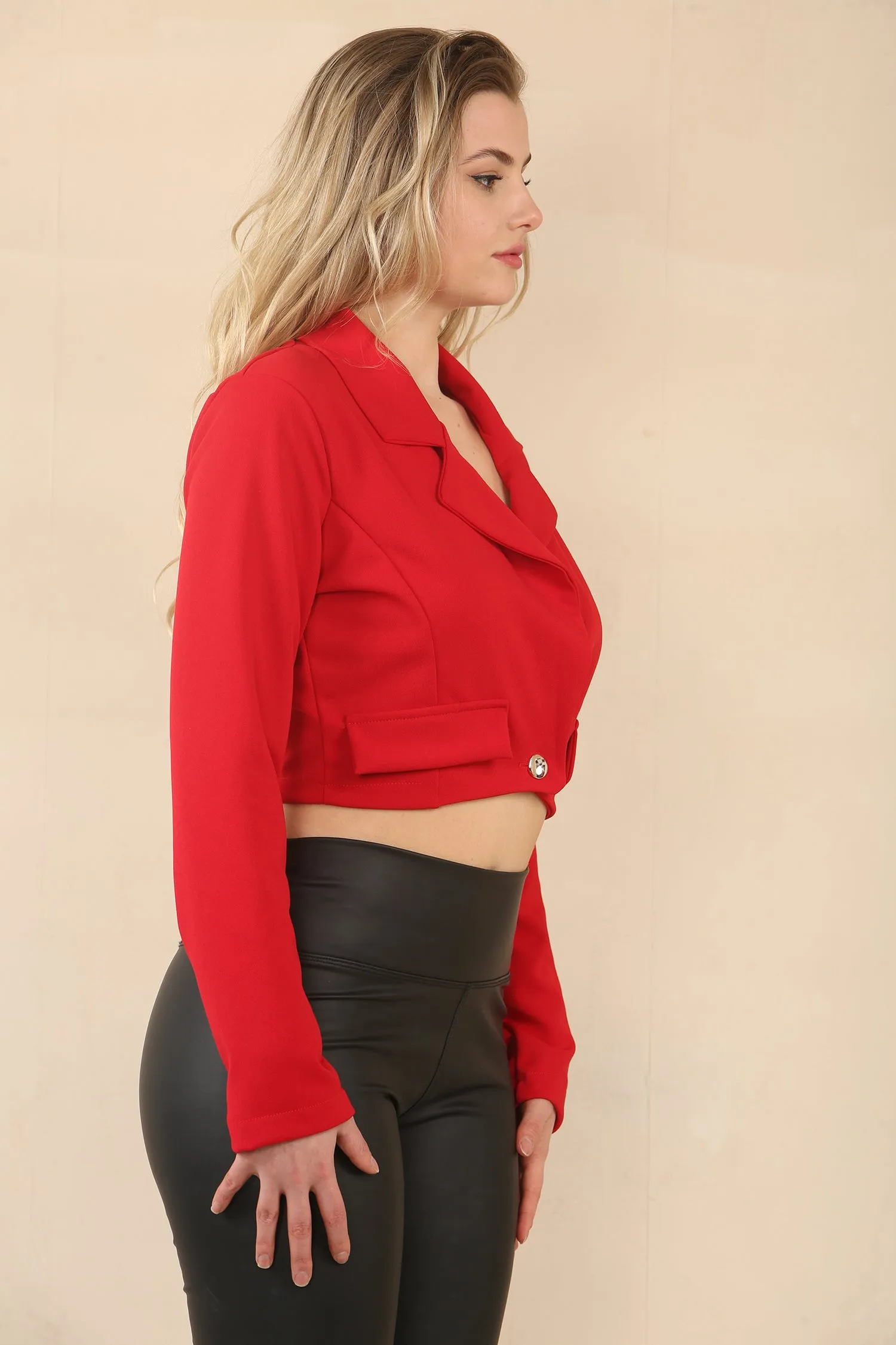 Red Long Sleeve V Neck One Button Jacket