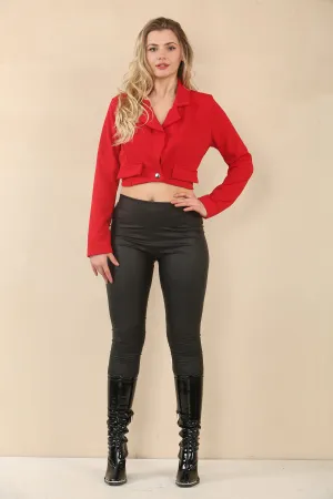 Red Long Sleeve V Neck One Button Jacket
