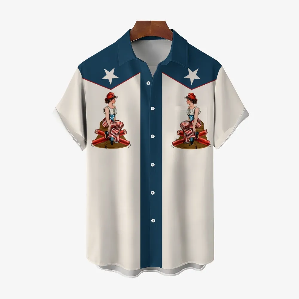 Retro American Style Unique Flag And Western Girl Pattern Printed Shirt 2410001077