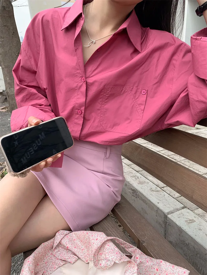 Retro lapel pocket embroidery shirt   high waisted A line skirt