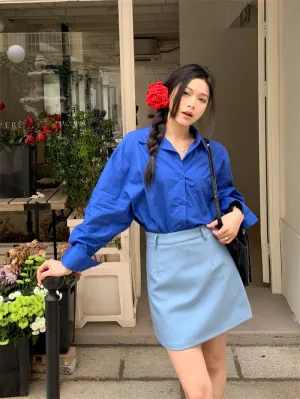 Retro lapel pocket embroidery shirt   high waisted A line skirt