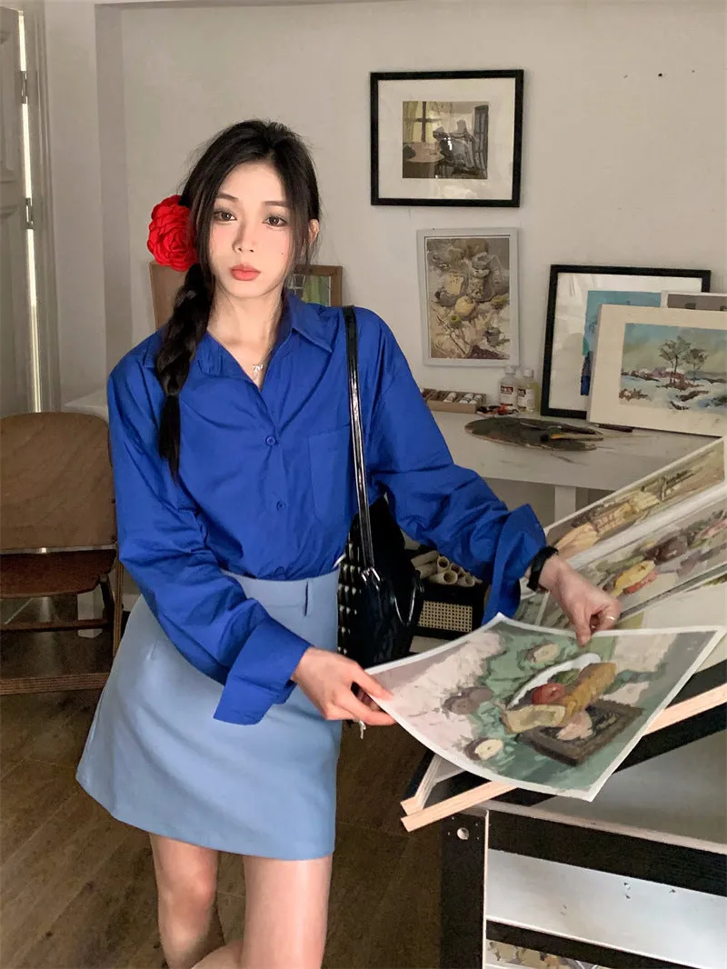 Retro lapel pocket embroidery shirt   high waisted A line skirt