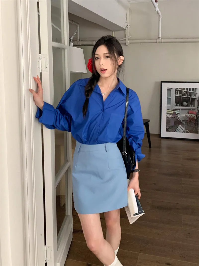 Retro lapel pocket embroidery shirt   high waisted A line skirt