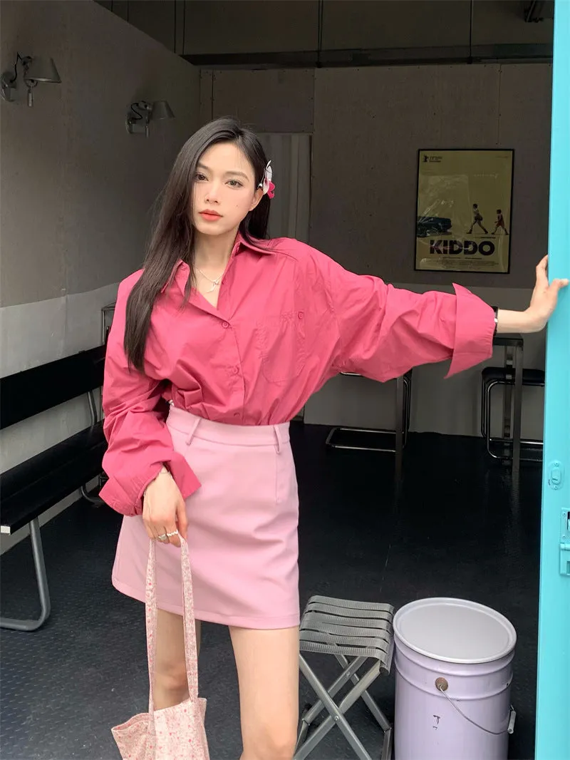Retro lapel pocket embroidery shirt   high waisted A line skirt