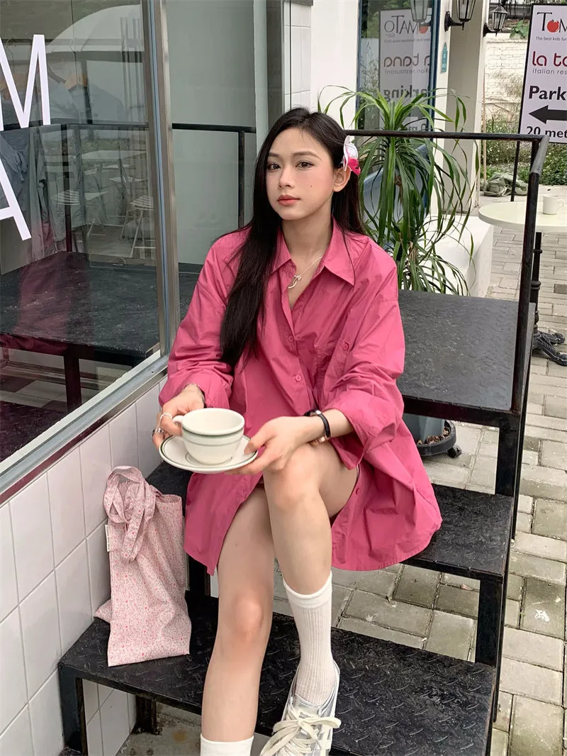 Retro lapel pocket embroidery shirt   high waisted A line skirt