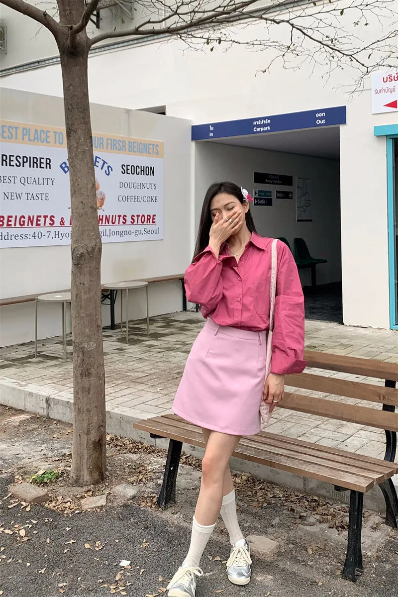 Retro lapel pocket embroidery shirt   high waisted A line skirt