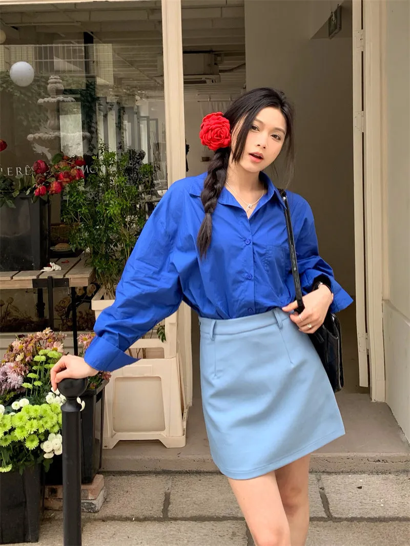 Retro lapel pocket embroidery shirt   high waisted A line skirt