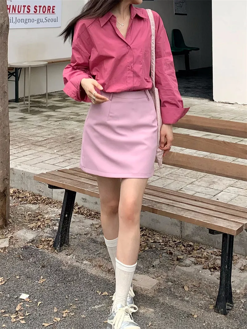 Retro lapel pocket embroidery shirt   high waisted A line skirt