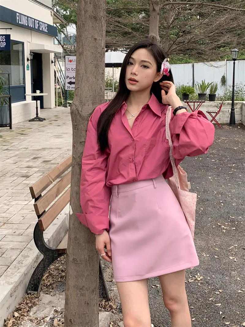 Retro lapel pocket embroidery shirt   high waisted A line skirt