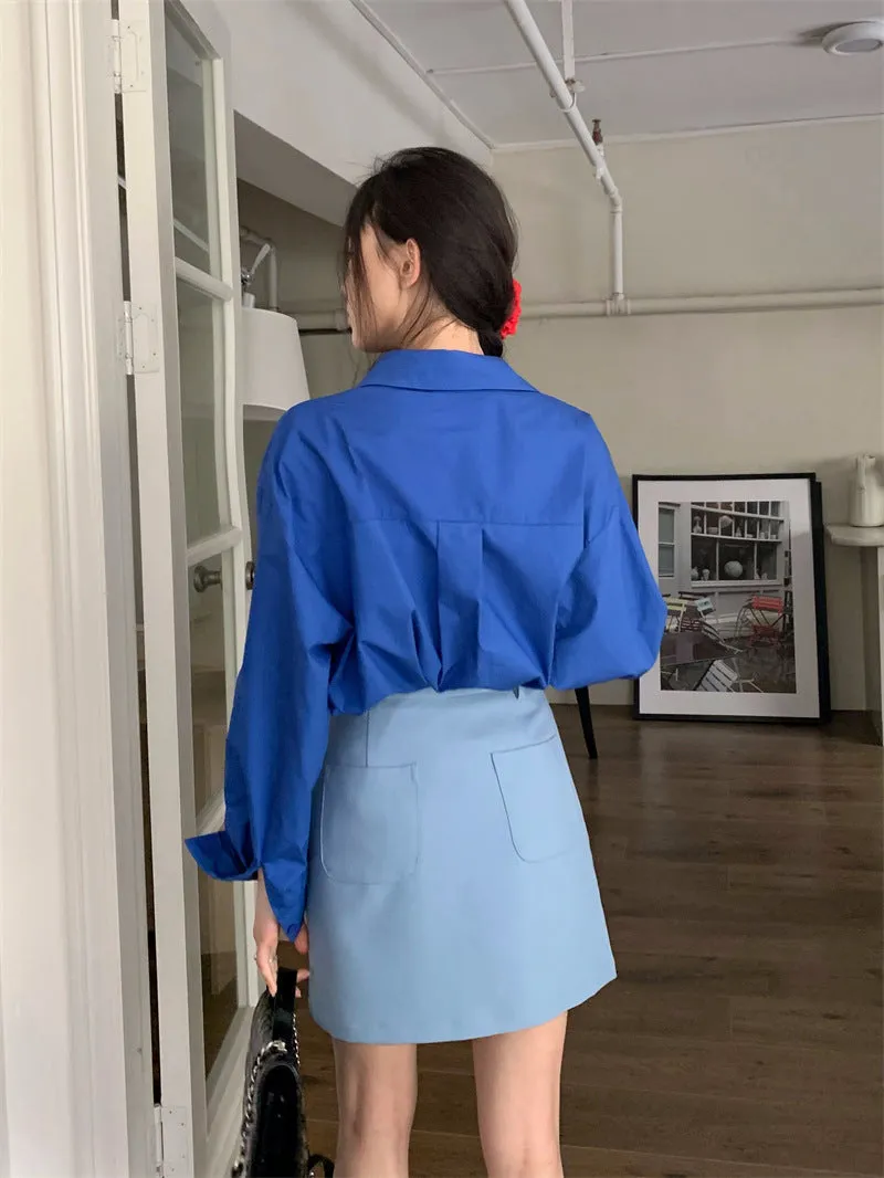 Retro lapel pocket embroidery shirt   high waisted A line skirt