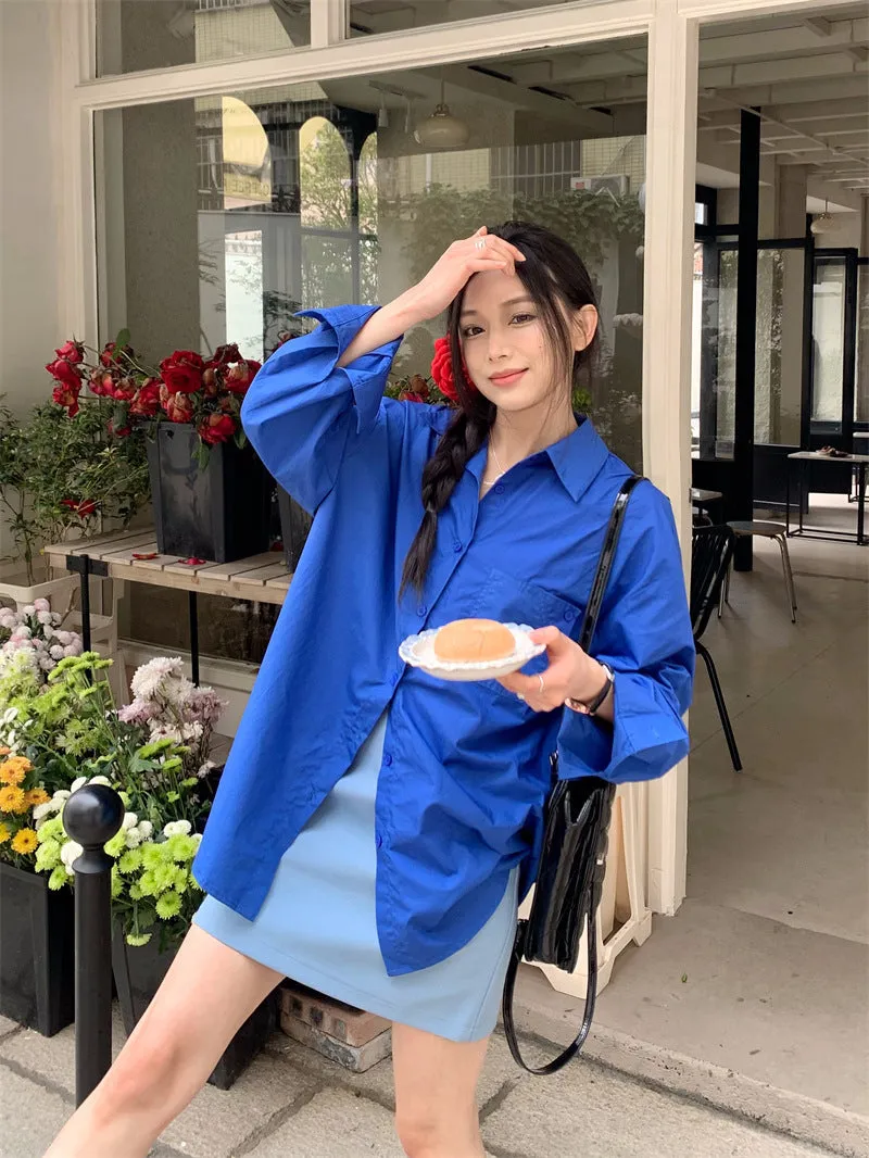 Retro lapel pocket embroidery shirt   high waisted A line skirt