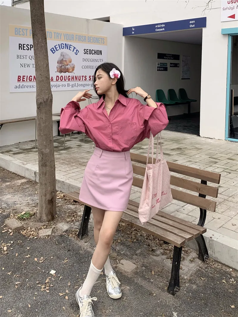 Retro lapel pocket embroidery shirt   high waisted A line skirt
