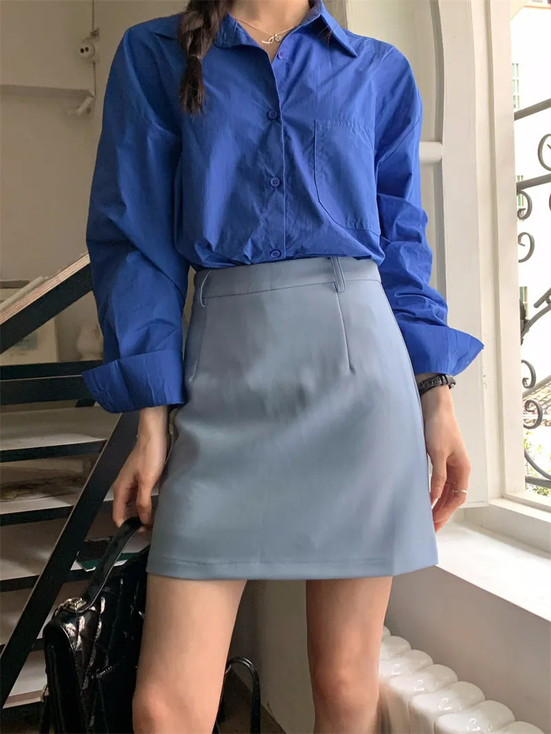 Retro lapel pocket embroidery shirt   high waisted A line skirt