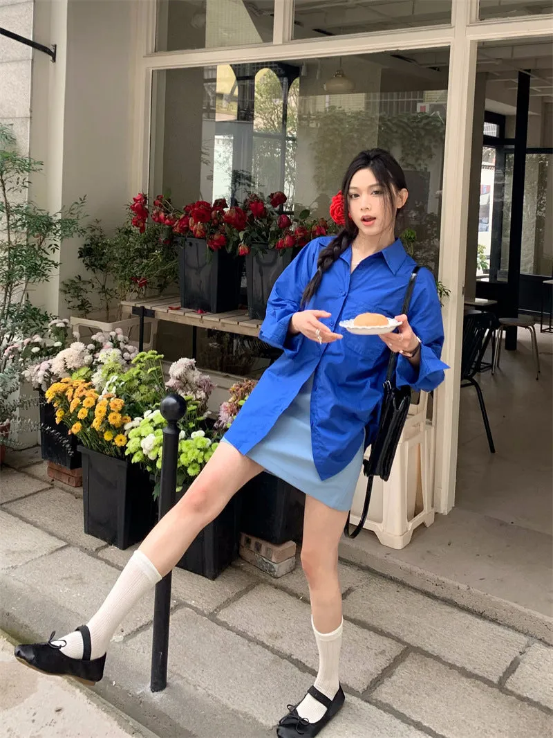 Retro lapel pocket embroidery shirt   high waisted A line skirt