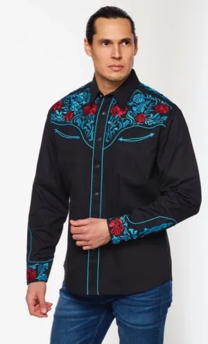 Rodeo Clothing Mens Western Embroidery Shirt PS500L-553 Black with Scroll Design