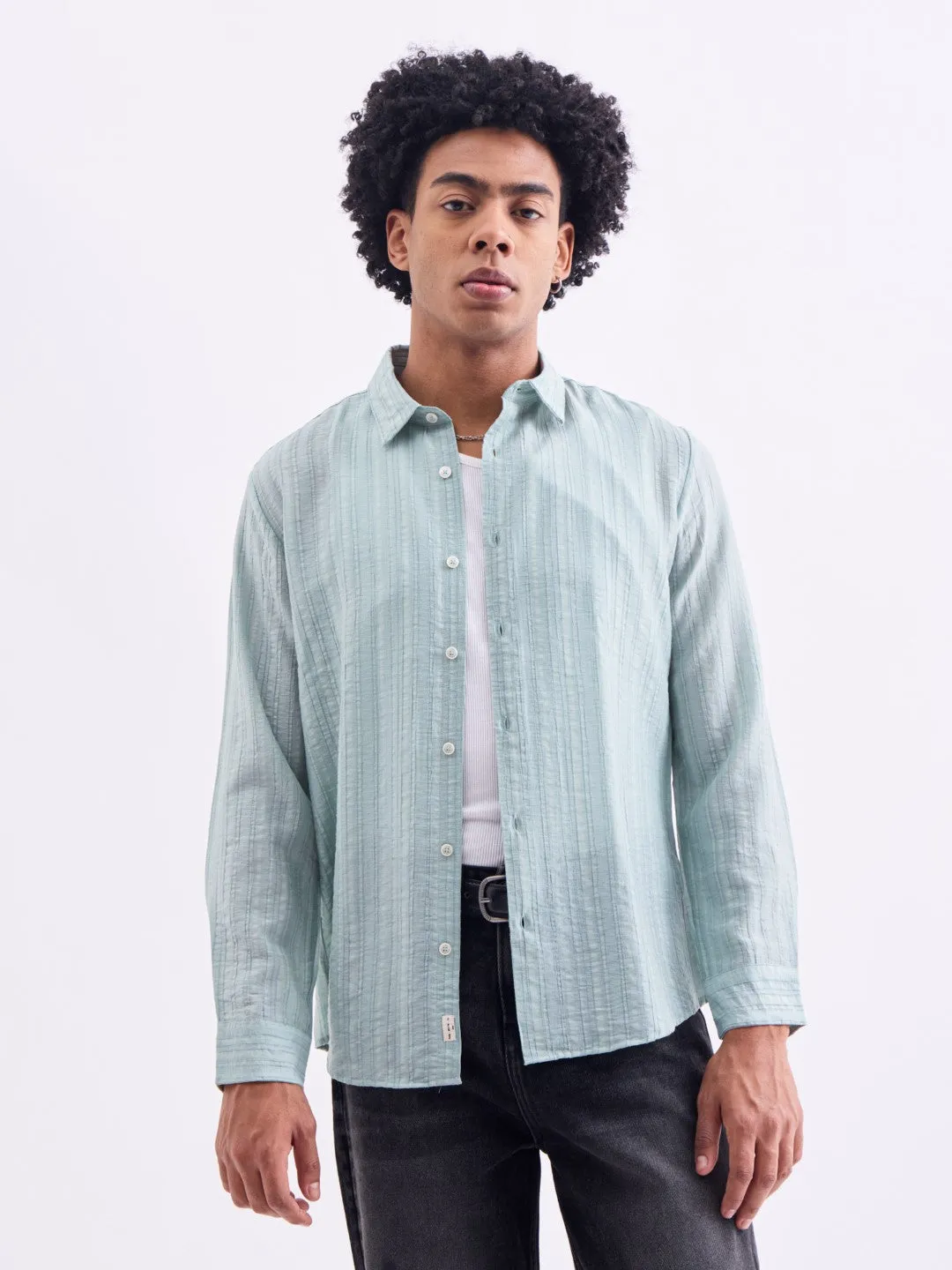Sea Green Striped Slim Fit Shirt