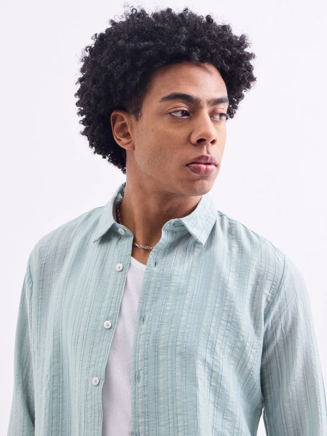 Sea Green Striped Slim Fit Shirt