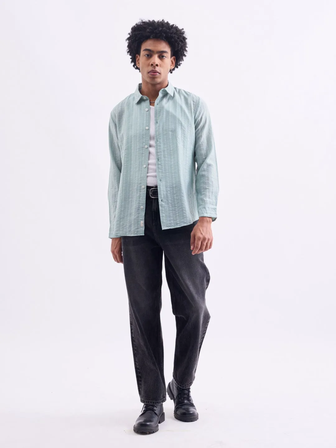 Sea Green Striped Slim Fit Shirt