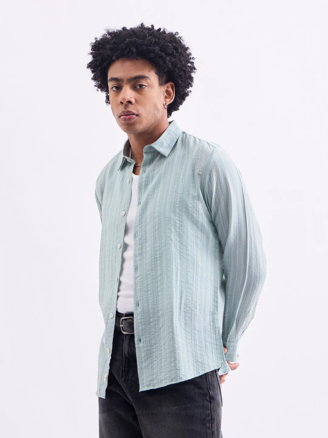 Sea Green Striped Slim Fit Shirt