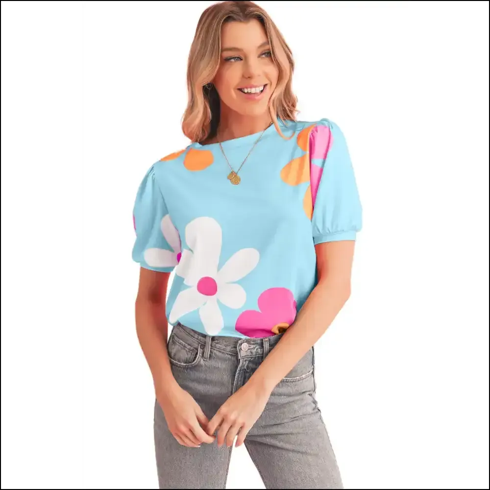 Sky Blue Floral Print Bubble Sleeve Tee: Needful Things Approved! 💀