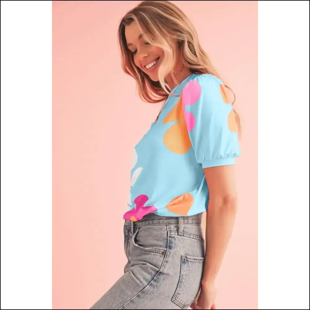Sky Blue Floral Print Bubble Sleeve Tee: Needful Things Approved! 💀
