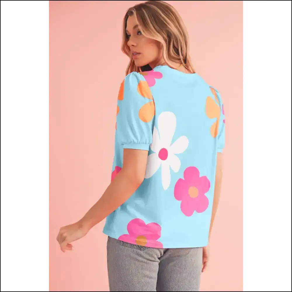 Sky Blue Floral Print Bubble Sleeve Tee: Needful Things Approved! 💀