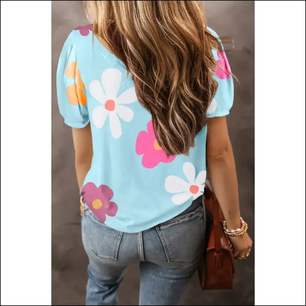Sky Blue Floral Print Bubble Sleeve Tee: Needful Things Approved! 💀