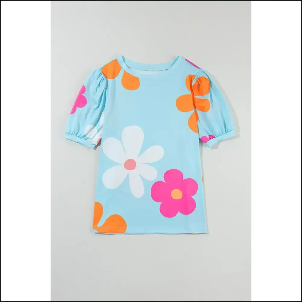 Sky Blue Floral Print Bubble Sleeve Tee: Needful Things Approved! 💀