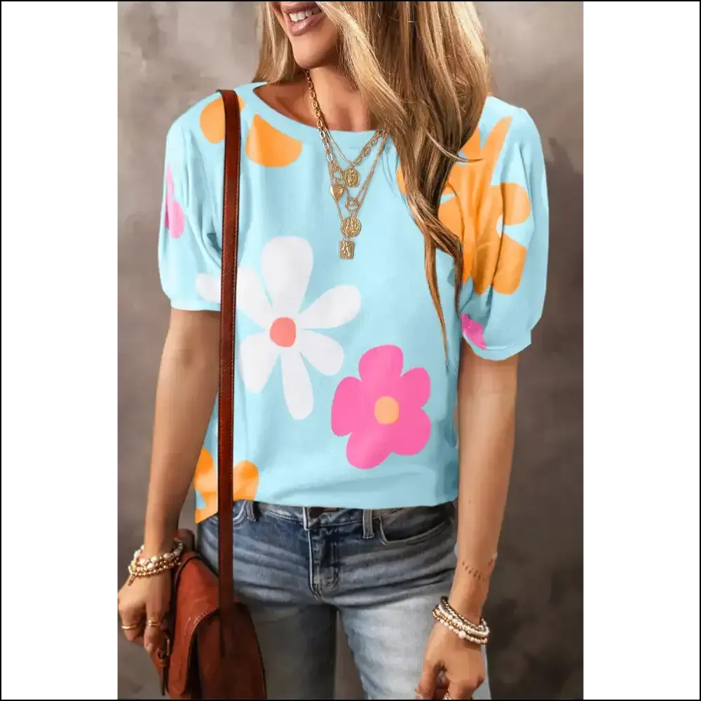 Sky Blue Floral Print Bubble Sleeve Tee: Needful Things Approved! 💀