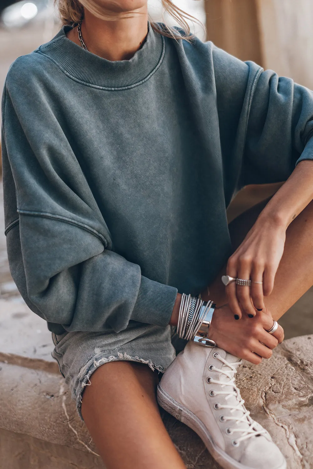 Sky Blue Long Sleeve Drop Shoulder Pullover Sweatshirt
