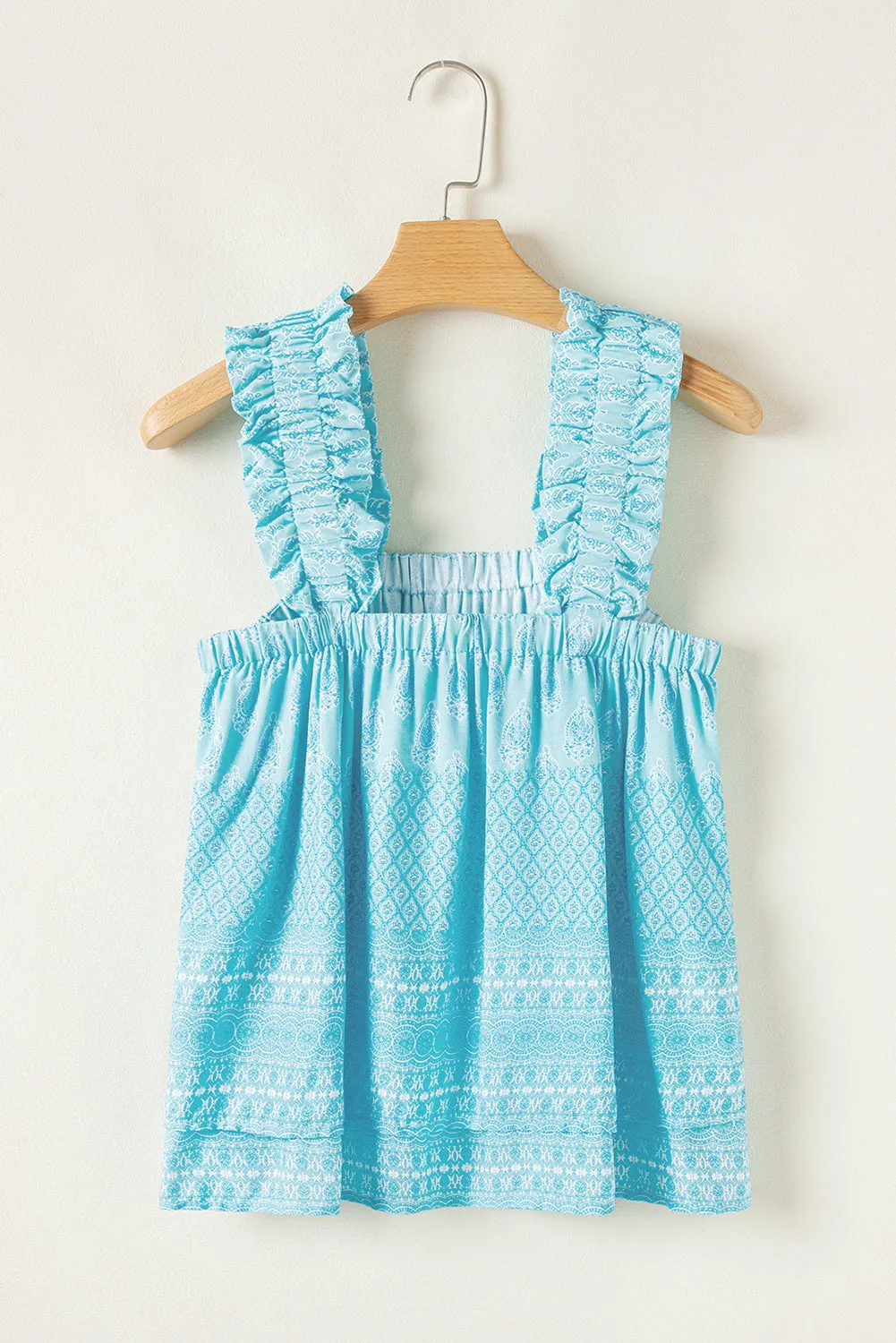 Sky Blue Tribal Pattern Print Ruffled Wide Straps Tank Top