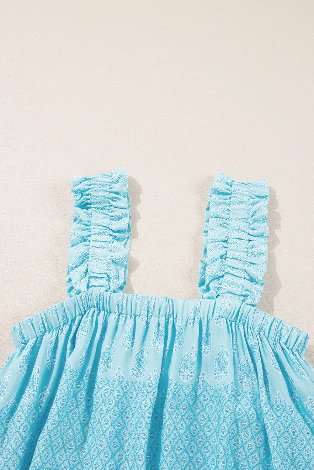 Sky Blue Tribal Pattern Print Ruffled Wide Straps Tank Top