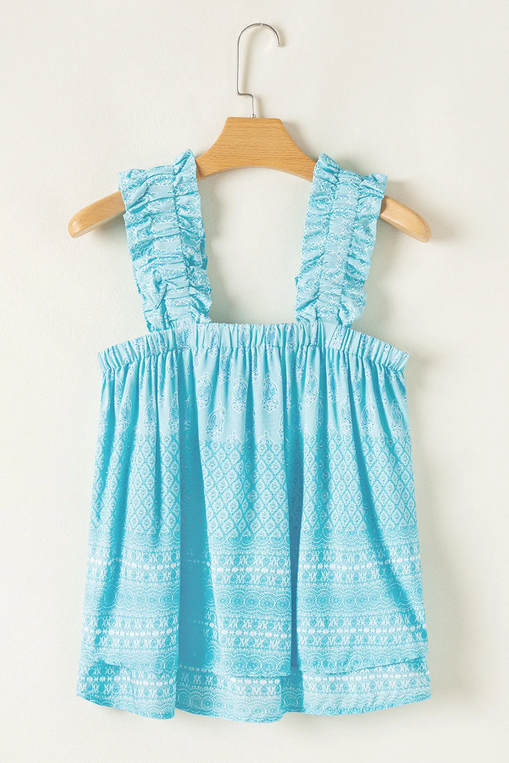 Sky Blue Tribal Pattern Print Ruffled Wide Straps Tank Top