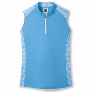 Sleeveless Quarter Zip Houndstooth Trim Shirt Blue