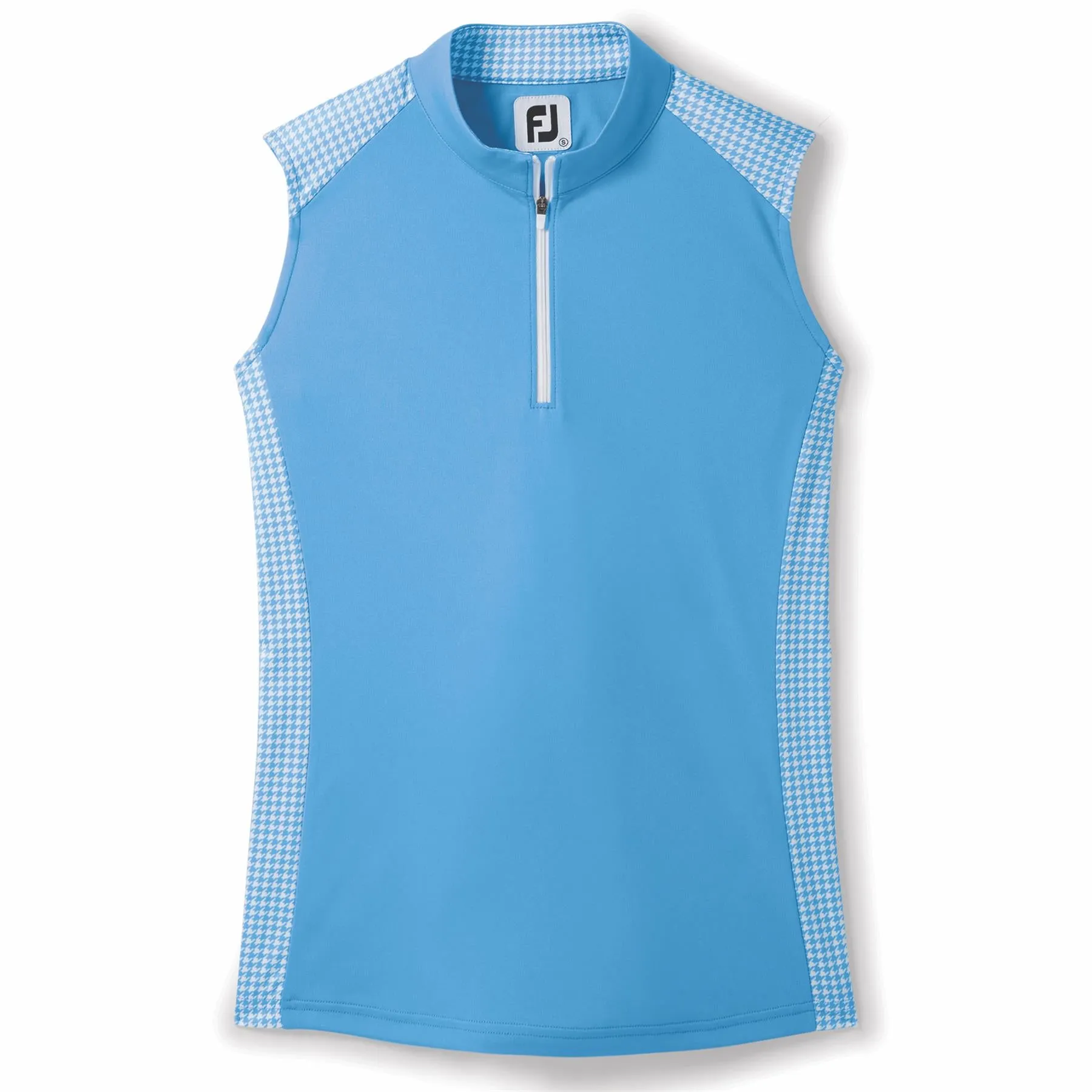 Sleeveless Quarter Zip Houndstooth Trim Shirt Blue