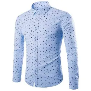 Slimming Shirt Collar Fishbone Print Long Sleeves Men's Casual Shirt - Light Blue L