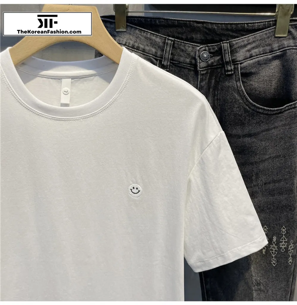 Smile Embroidered Round Neck Cotton T-Shirt