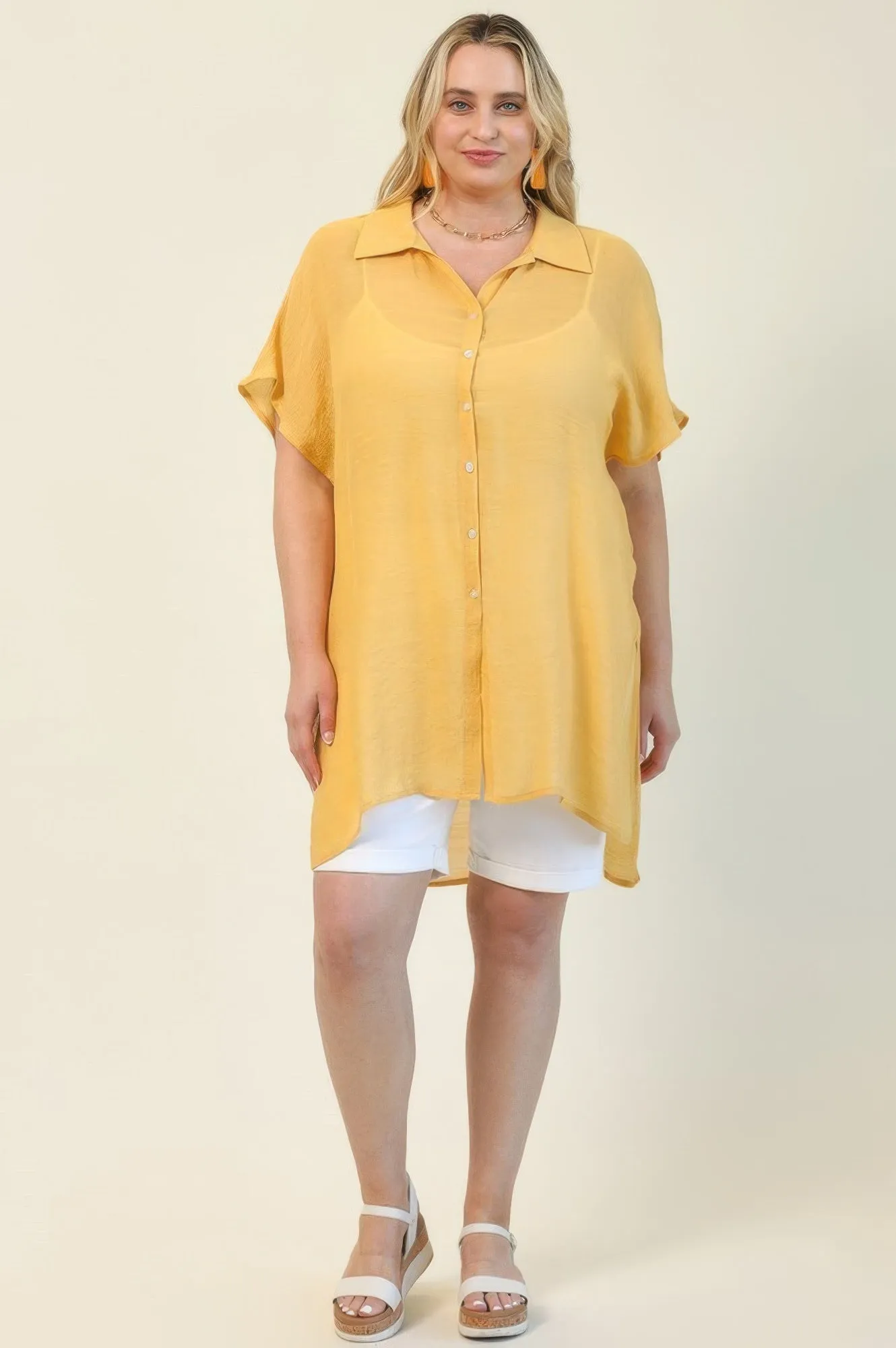 Solid Button Down Loose Fit Long Shirts With Side Slits
